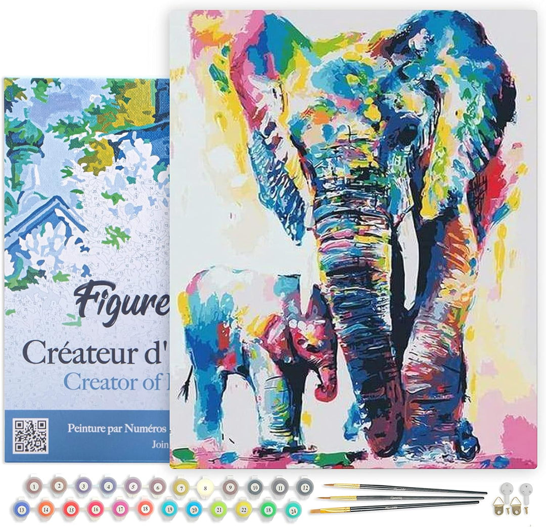 Figured'Art Malen Nach Zahlen Erwachsene Mit Rahmen Elefanten Aquarell - Paint by Numbers Basteln DI