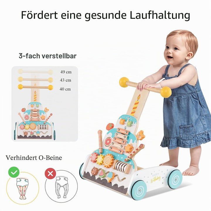 LIFEZEAL Lauflernwagen Holz, Babywalker mit 3-fach verstellbarem Griff, Fach, 4 Rädern, Multi-Aktivi