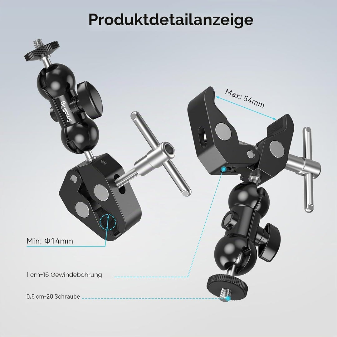 SMALLRIG Upgrade Mini Magic Arm, Kleiner Kugelkopf-Zauberarm mit Klemme, Super Klemme mit rutschfest