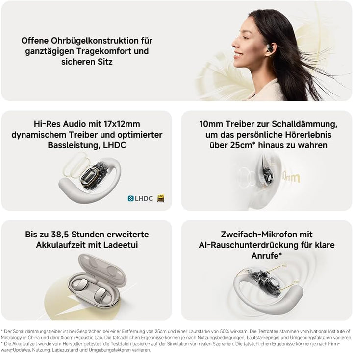 Xiaomi OpenWear Stereo - Leichter Bluetooth Open Ear Kopfhörer für den ganzen Tag mit 7.5 + 38.5 Stu