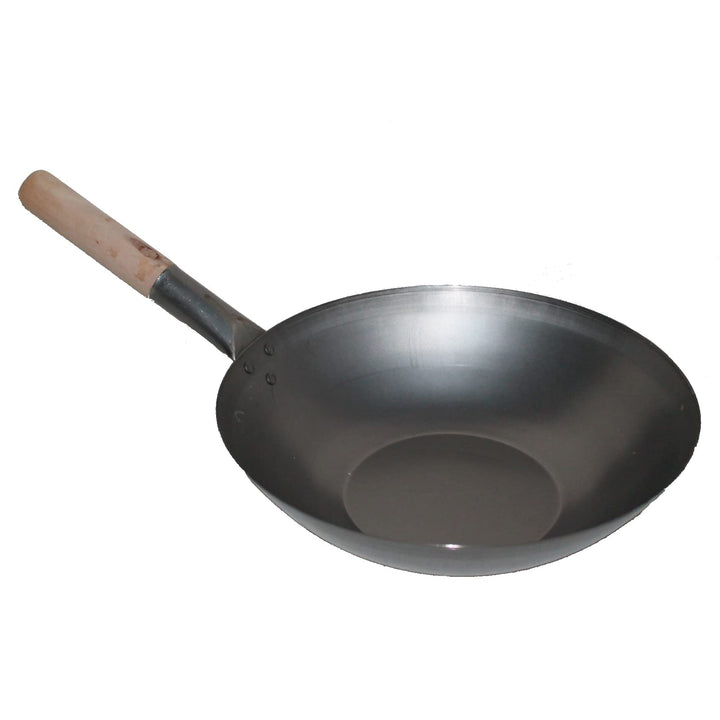 AAF Nommel ®, Wok Pfanne ca. Ø 31 cm flacher Boden für Gas, Induktion, Ceran und Elektro, mit Holzgr