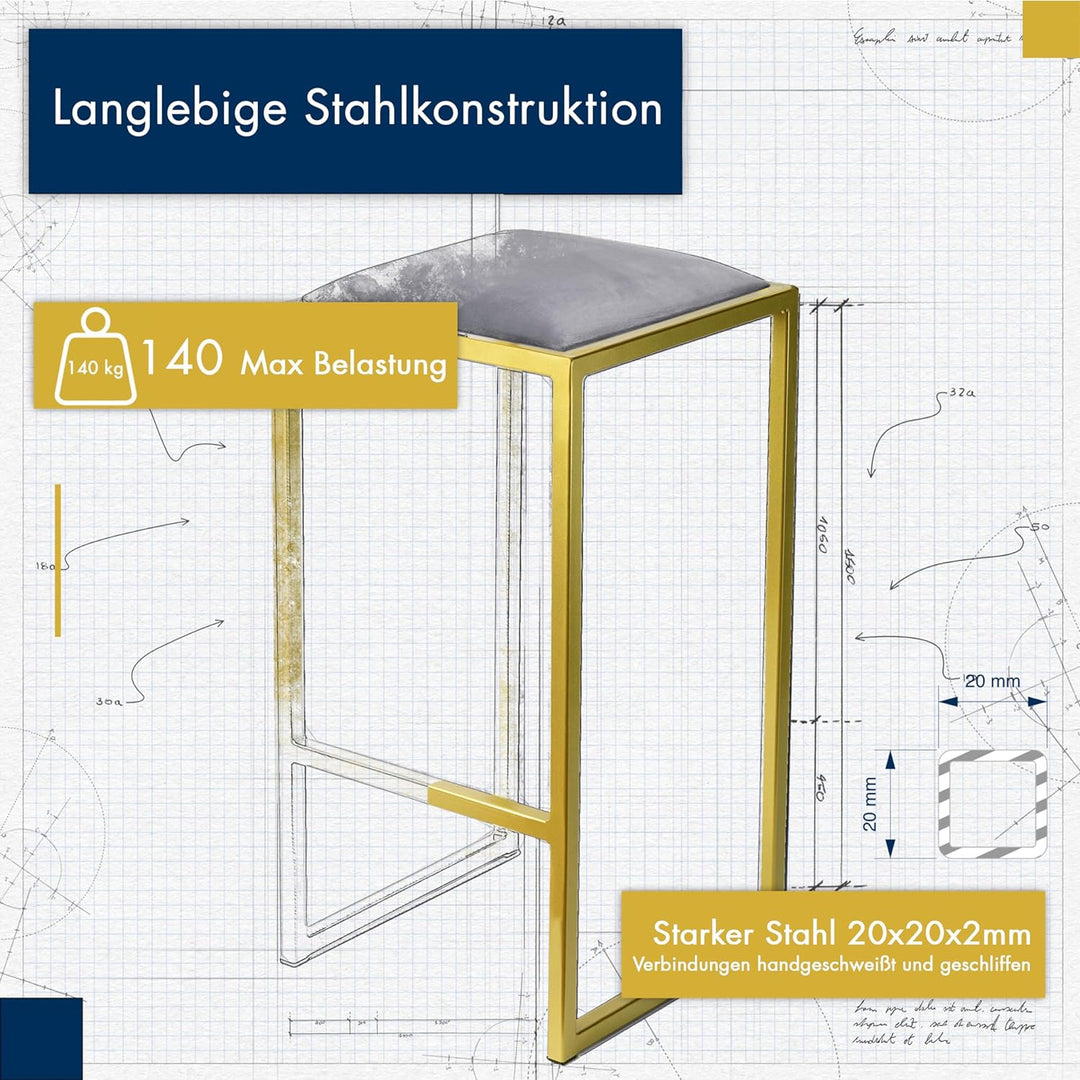 FERRO modern design Barhocker Gold ohne Lehne 64 cm - Metal Barstuhl mit Gepolstertem Sitz - Loft St