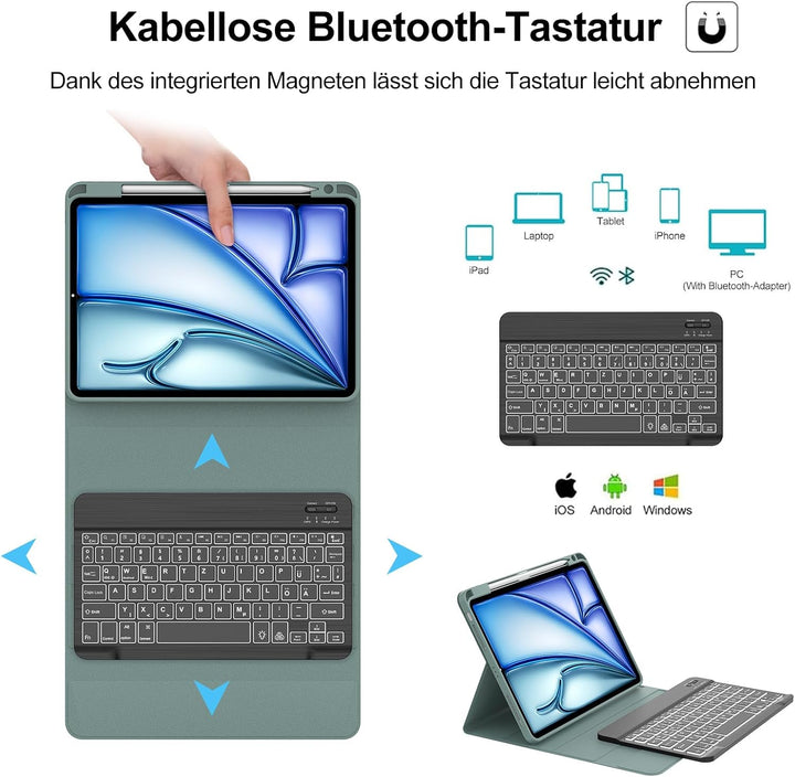 Tastatur für iPad Air 11” M4 2026/M3 2025/M2 2024, 7-Farbige Beleuchtung, Schutzhülle mit Stifthalte