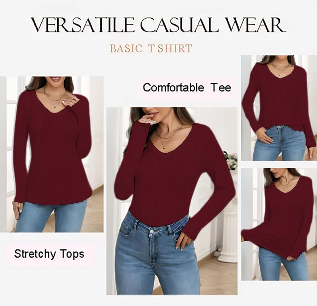 Chicrise Langarmshirt Damen V Ausschnitt Langarm Pullover Basic Eng Ribbed Oberteile, Burgundy S