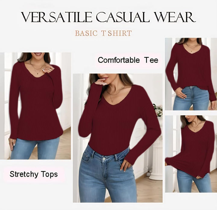 Chicrise Langarmshirt Damen V Ausschnitt Langarm Pullover Basic Eng Ribbed Oberteile, Burgundy S