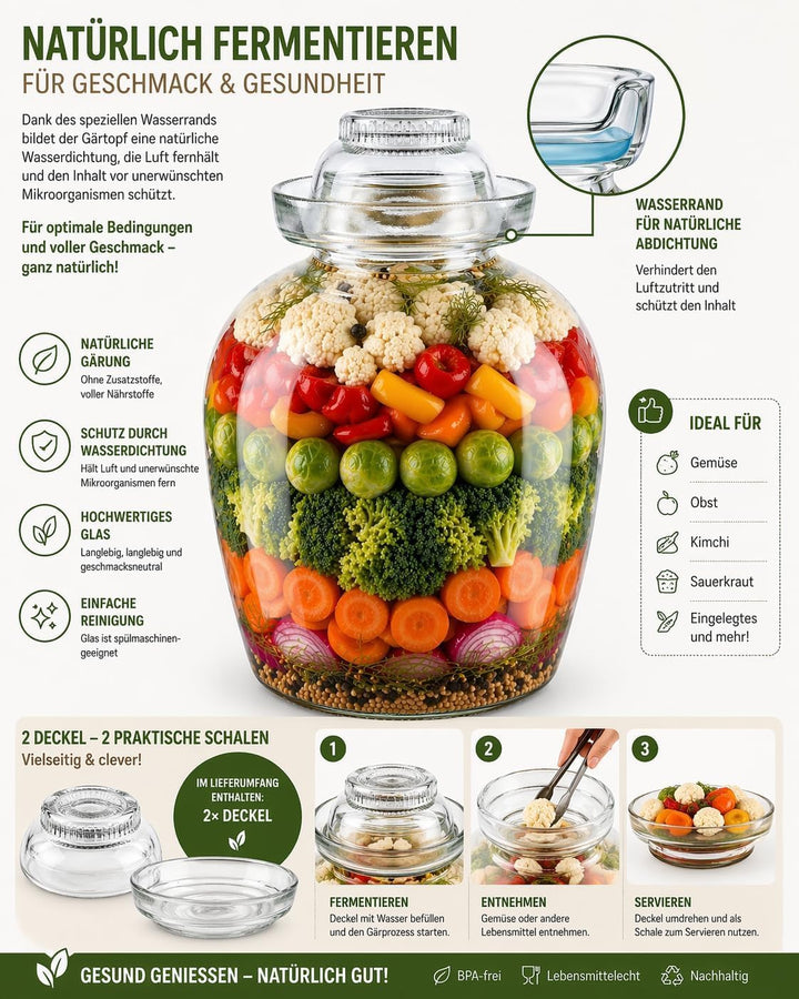 lilawelt24 2,5L Fermentationsglas mit Wasserverschluss und 2 Glasschalen, Gärglas für Kimchi, Sauerk