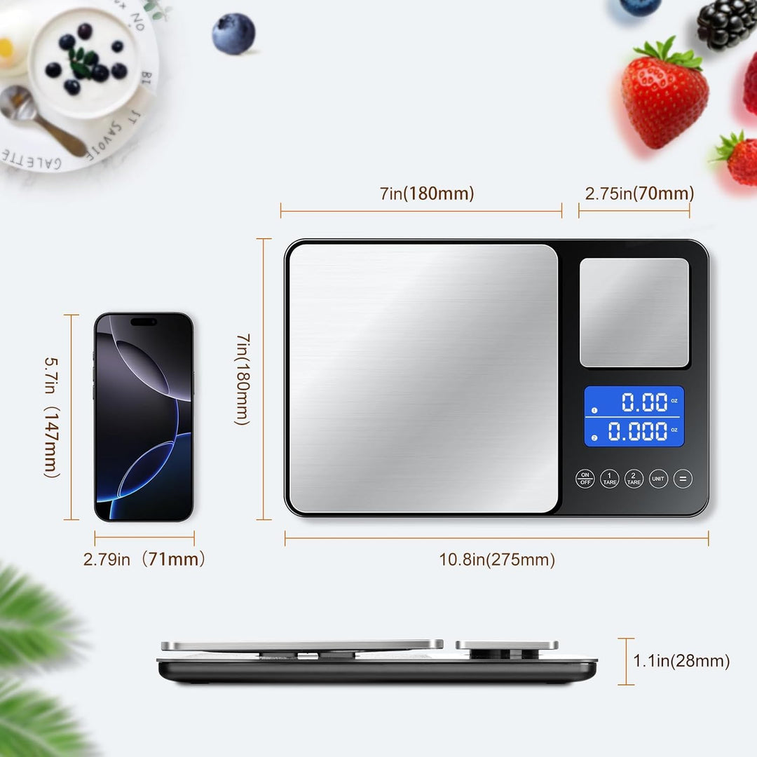 Küchenwaage Digital,Digitale KüChen mit 2 Plattformen 15kg/1g & 500g/0.01g Feinwaage mit 7/6 Einheit