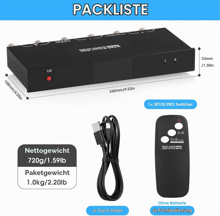 2 Way Audio-Umschalter Umschalter A/B Audio Wahlschalter für Verstärker/Lautsprecher LED Display (SP