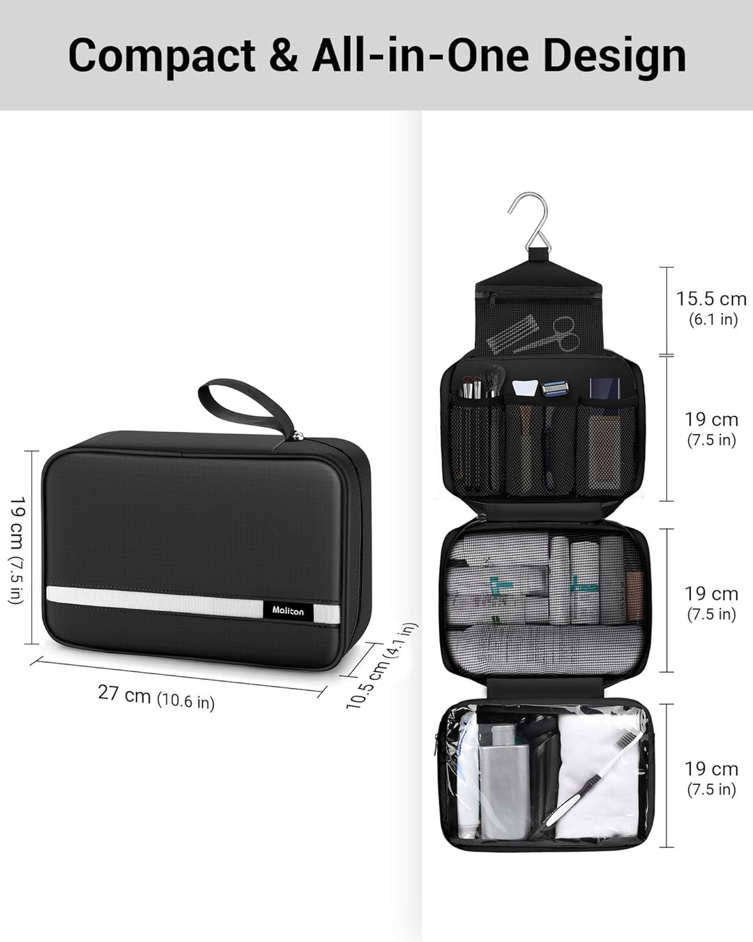 Maliton Kulturbeutel Herren，Faltbare Kulturbeutel zum Aufhängen mit 4 Fächern, Grosse Waschtasche fü