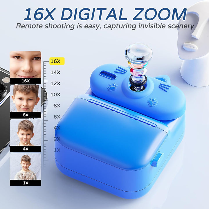 Kinder Sofortbildkamera mit Sofortdruck, 48MP Kamera (Katze-Blau) | Kinderkamera mit Druckpapier, 10