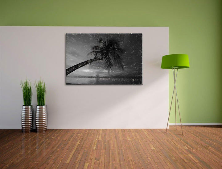 Pixxprint Palme am Meer mit Sonnenuntergang als Leinwandbild/Grösse: 100x70 / Wandbild/Kunstdruck/fe
