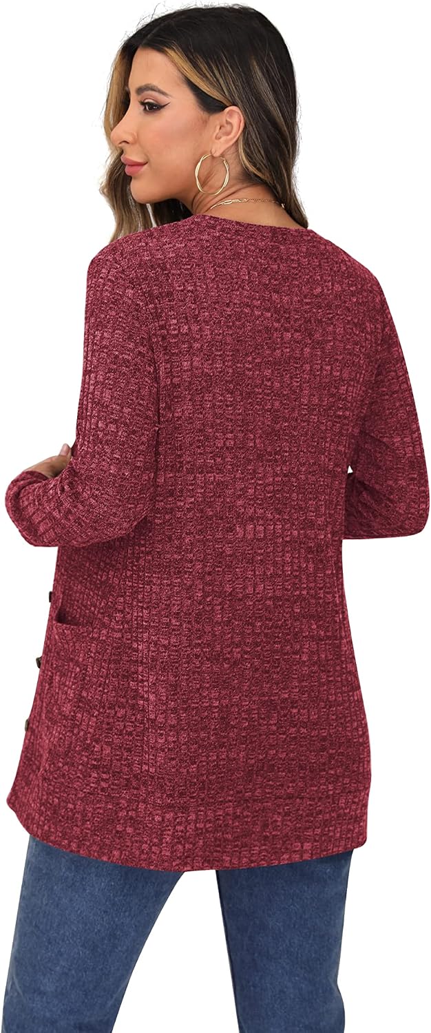 GRECERELLE Damen Leichte Strickjacke Lang mit Taschen und Knöpfen Long Elegant Cardigan V-Ausschnitt