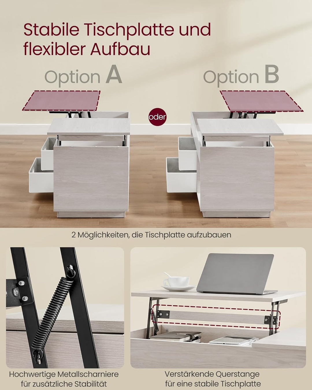 VASAGLE Couchtisch, höhenverstellbarer Wohnzimmertisch, 2 Schubladen und versteckte Fächer, Kaffeeti