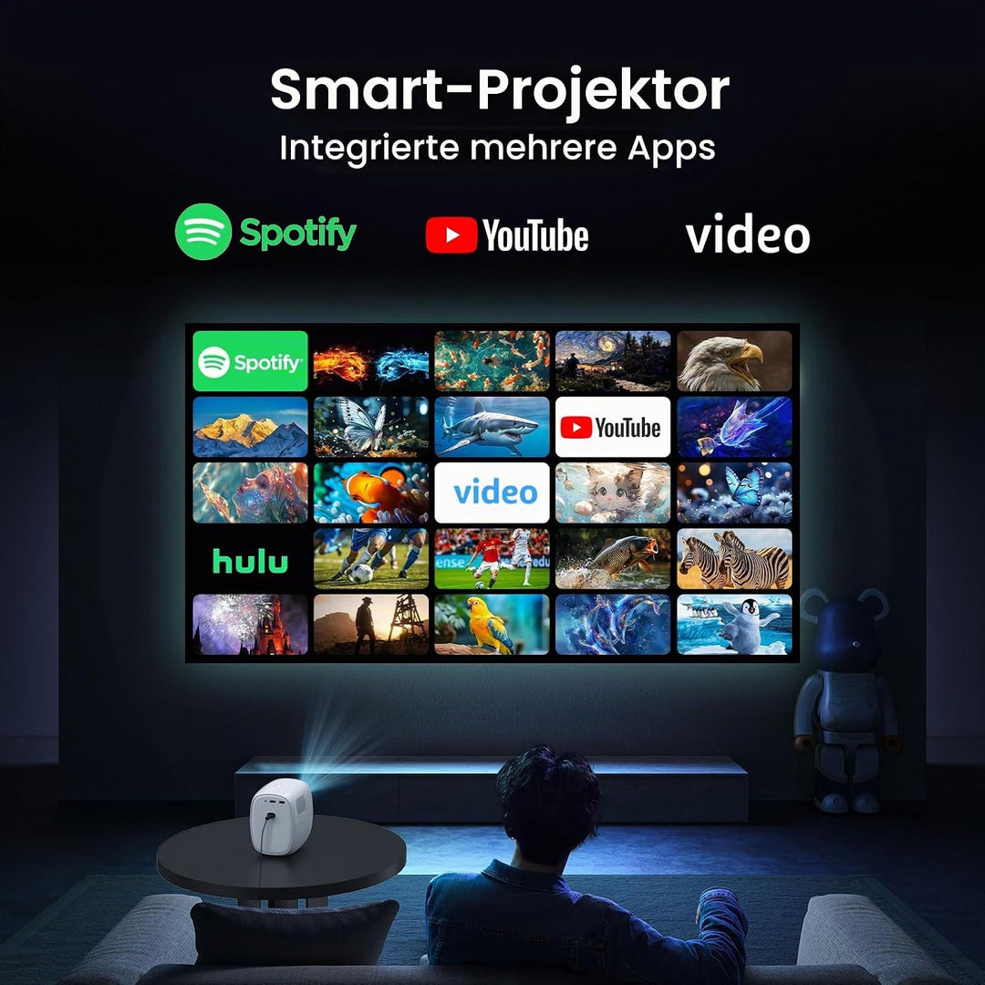 Lower Noise 4K-Beamer mit WLAN und BT5.2,EIN-klick-Zugriff Apps 3D-Audio | Automatischer Bildkorrekt