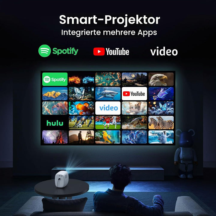 Lower Noise 4K-Beamer mit WLAN und BT5.2,EIN-klick-Zugriff Apps 3D-Audio | Automatischer Bildkorrekt