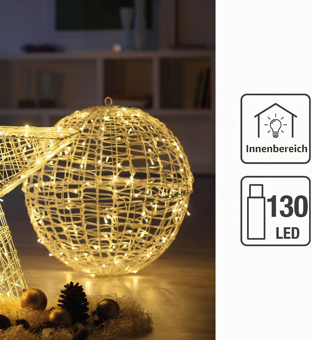 hellum LED Metal-Ball gross, 130 LED, warmweisse, 60 cm Ø, Outdoor IP44 Aussen-Transformator, 5 m Zu