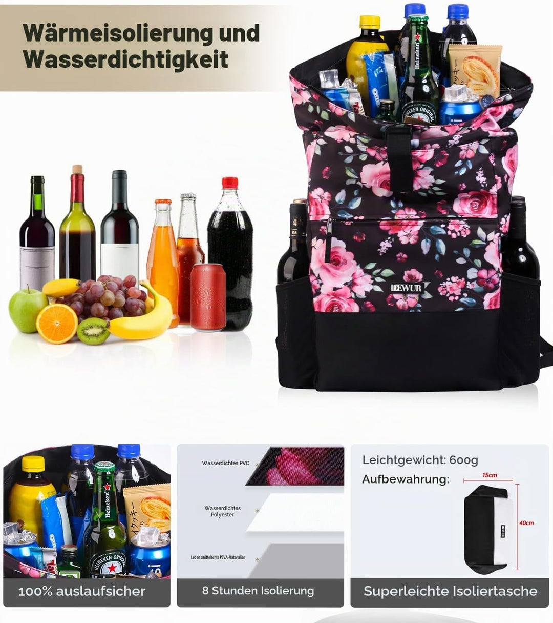 DEWUR 35L Thermo Rücksack Kühlrücksack Kühltasche Wasserdichter Picknickrücksack mit Flaschenöffner