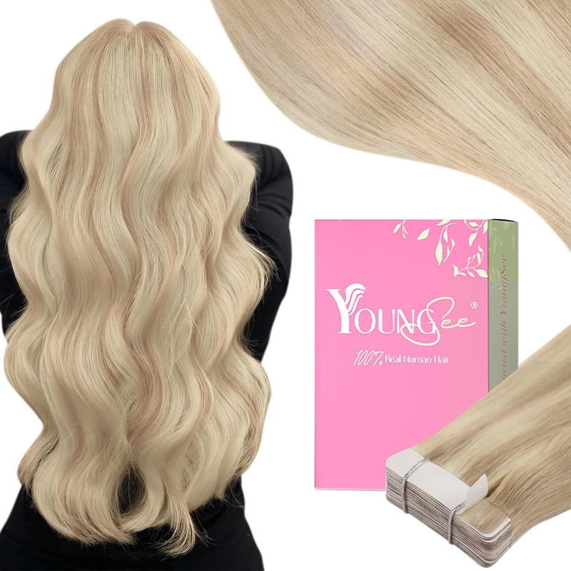 YoungSee 50g Tape Extensions Echthaar Blond Echthaar Extensions Tape Aschblond Highlight Blond Invis