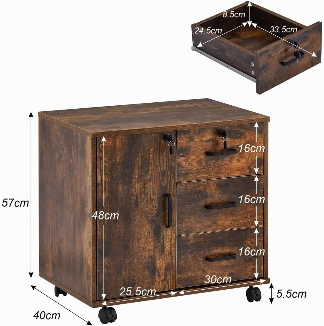 ZBAOLTO Rollcontainer Aktenschrank aus Holz, Abschliessbar Büroschrank mit 3 Schubladen und Tür, Ver