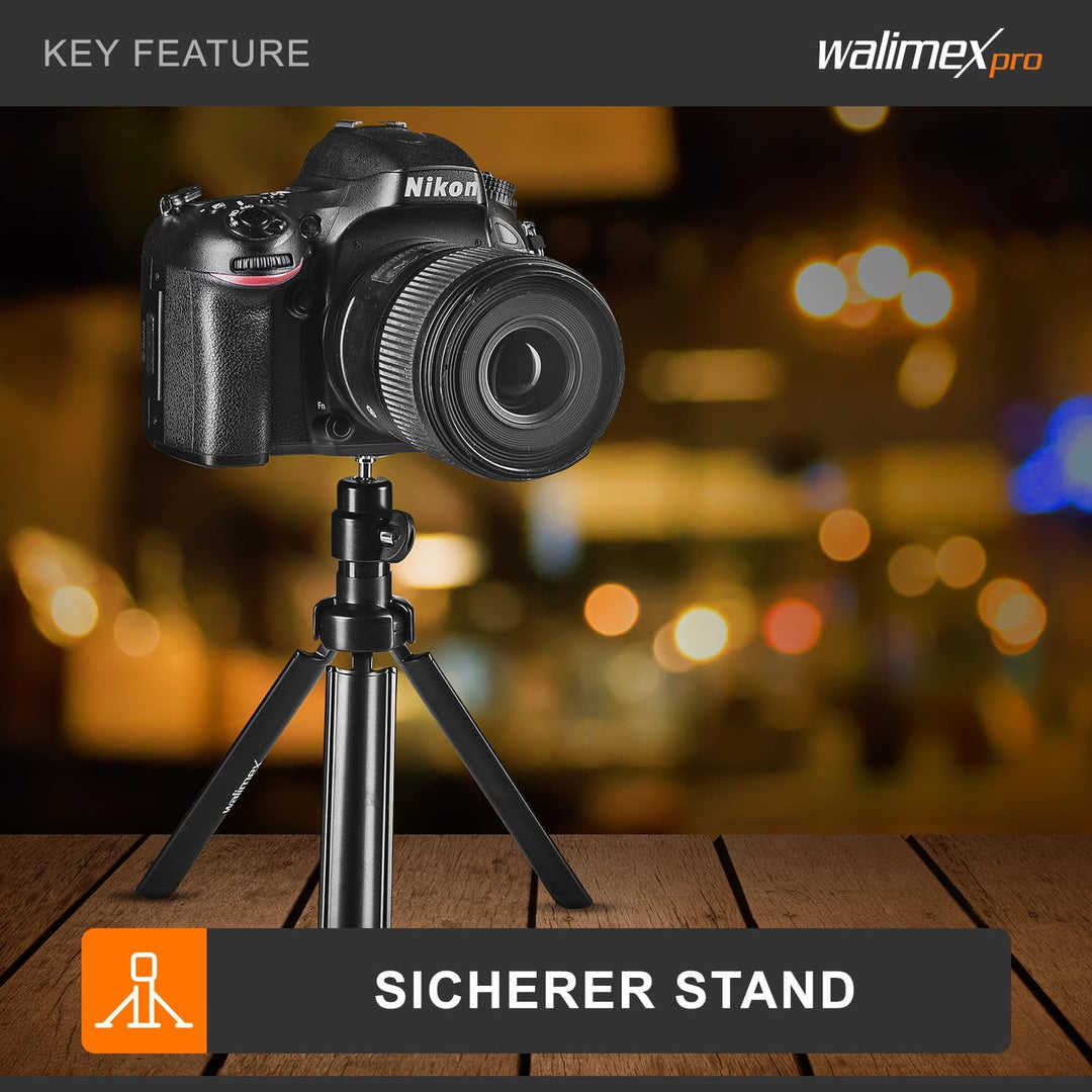 Walimex pro Easy 38 Tischstativ und Kamerastativ, höhenverstellbares Tripod Stativ 4-38 cm für Kamer
