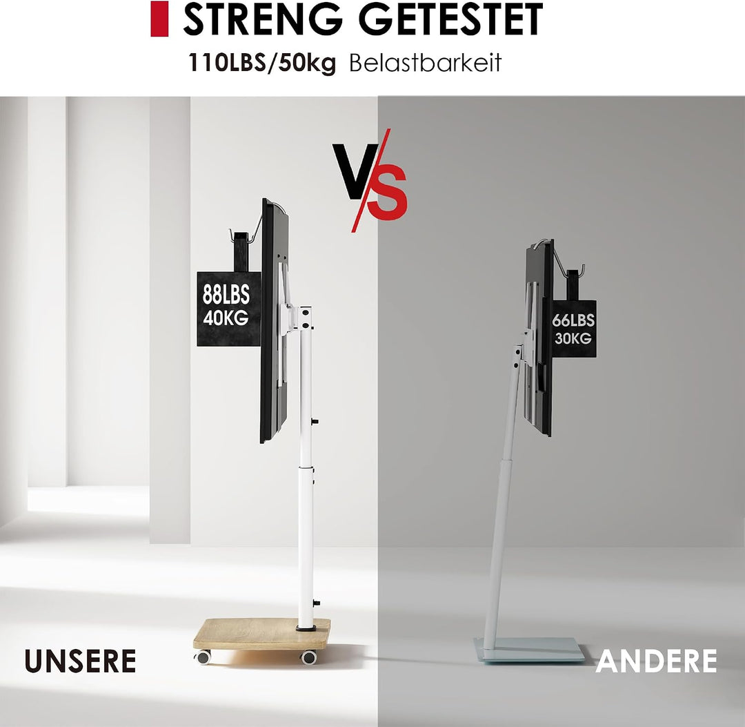 AOKCOS TV Ständer Rollbar mit Holzablage, Fernsehständer auf Rollen für 32-65 Zoll Fernseher, TV Bod
