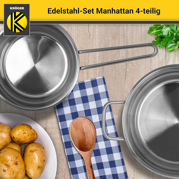 Krüger Edelstahl Kochtopf-Set Manhattan 4-teilig - Topfset aus 3 Kochtöpfen und einer Stielkasseroll