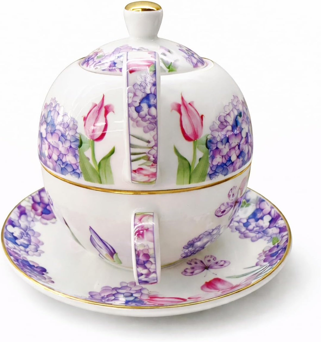 Porcelain Tea for One Set Beautiful Flower Ceramic Teapot with Cup Gifted Box (Hydrangea), Hydrangea