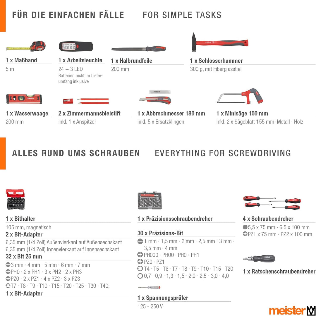 Meister Werkzeugtrolley 156-teilig - Werkzeug-Set - Mit Rollen - Teleskophandgriff / Profi Werkzeugk