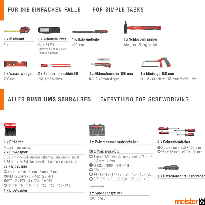 Meister Werkzeugtrolley 156-teilig - Werkzeug-Set - Mit Rollen - Teleskophandgriff / Profi Werkzeugk