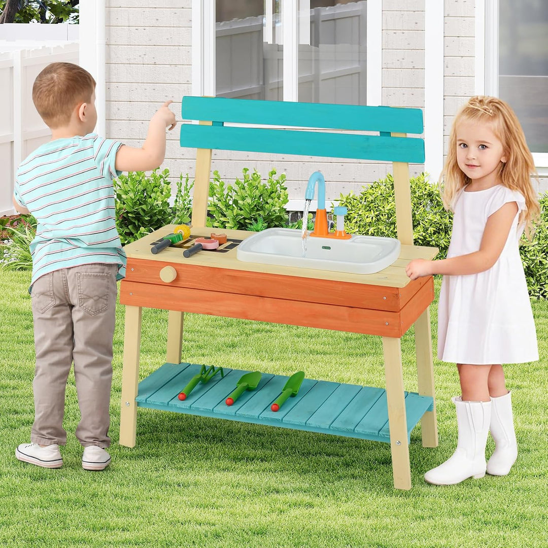 COSTWAY Matschküche Kinder Outdoor, Kinderküche Holz mit Wasserhahn & Grill, inkl. Holzspiessen, Leb