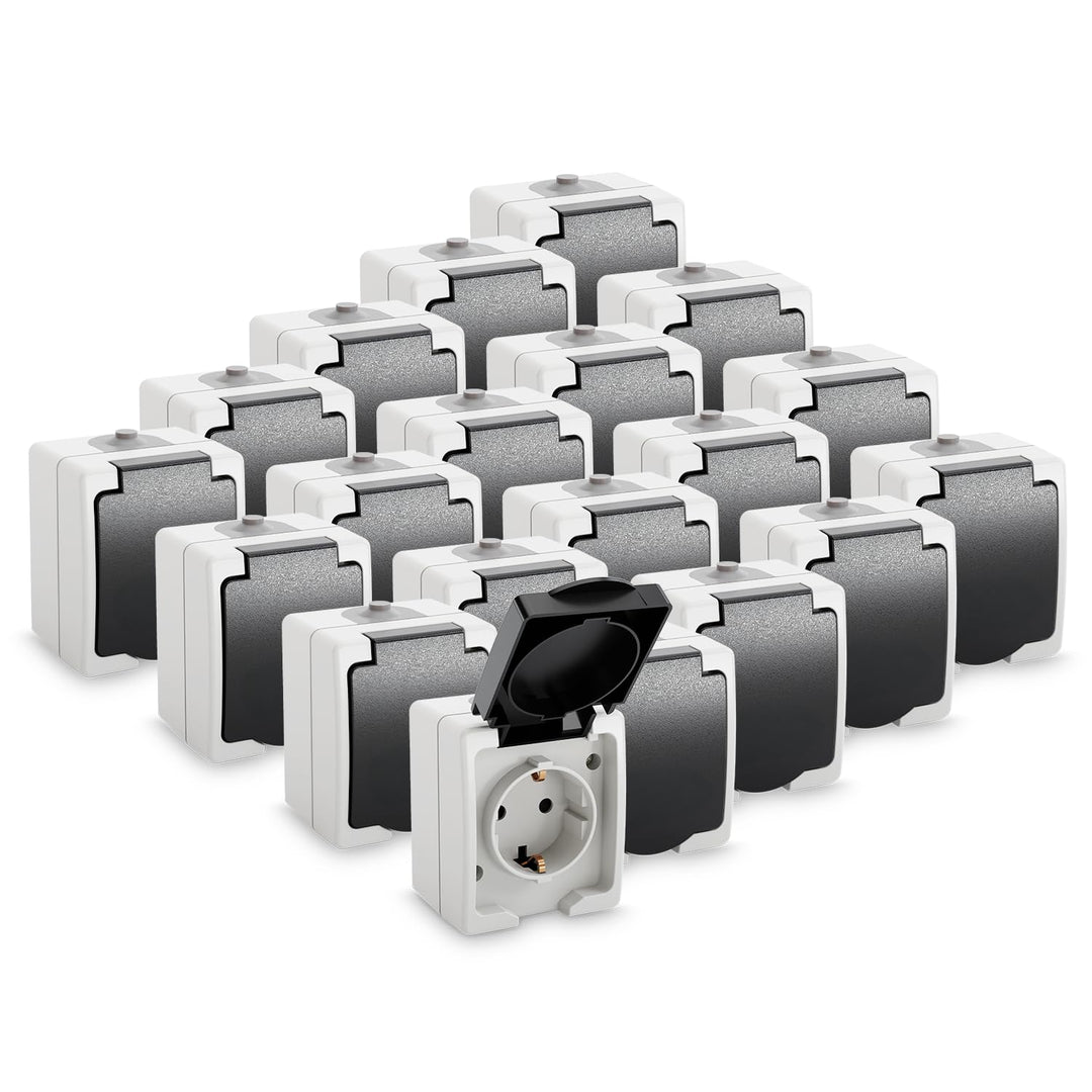 greate 20x Aufputz Steckdose 1fach für Feuchtraum - AP Steckdose mit Klappdeckel IP44, 250V, 16A, 2