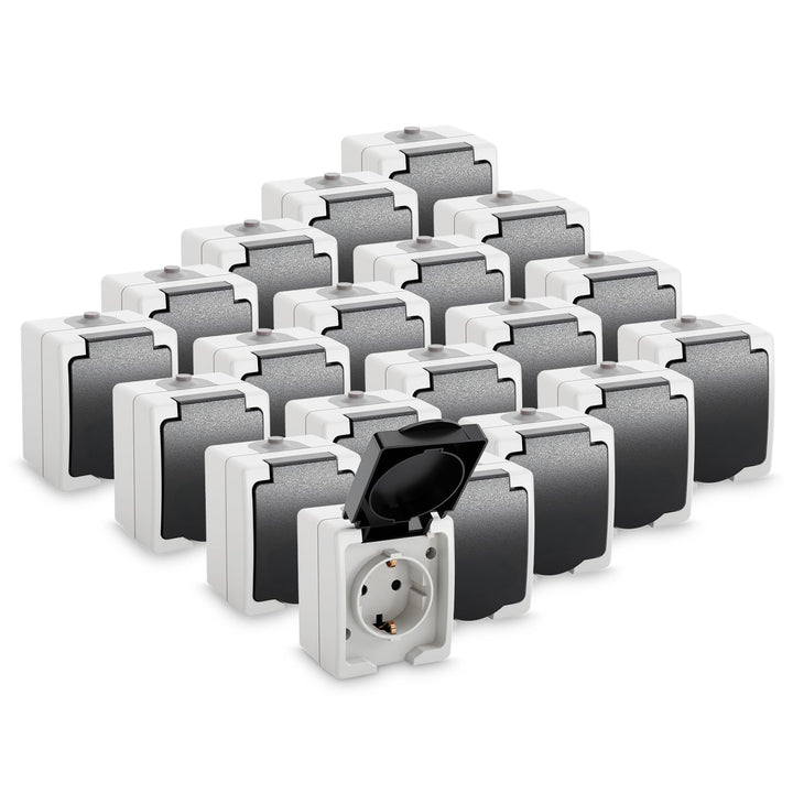 greate 20x Aufputz Steckdose 1fach für Feuchtraum - AP Steckdose mit Klappdeckel IP44, 250V, 16A, 2