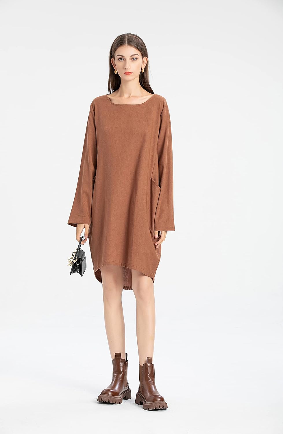 FTCayanz Damen T-Shirt Tunika Kleid Langes Leinenkleider Elegant Langarm Blusenkleid Mini Kleider L