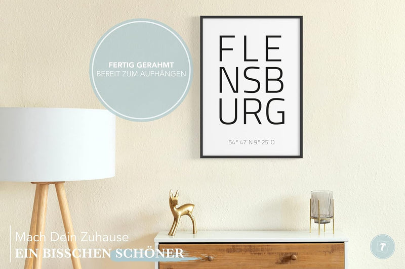 Papierschmiede® Geo Poster Koordinaten Flensburg, A3 Gerahmt im Holzrahmen (schwarz), Stadt Bild als