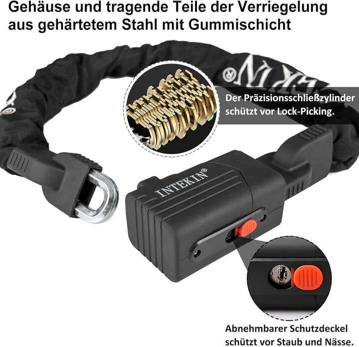 INTEKIN Motorradschloss Hohe Sicherheit, 120cm lang 10mm stark Stahl Kettenschloss, schwer Fahrradsc