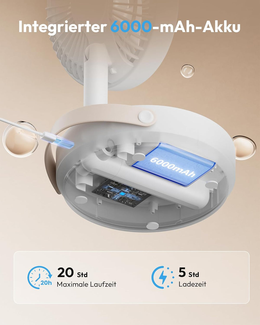 Gaiatop Faltbare Tischventilator Tragbarer Ventilator, 6000mAh Akku Ventilator mit Nachtlicht, 17CM