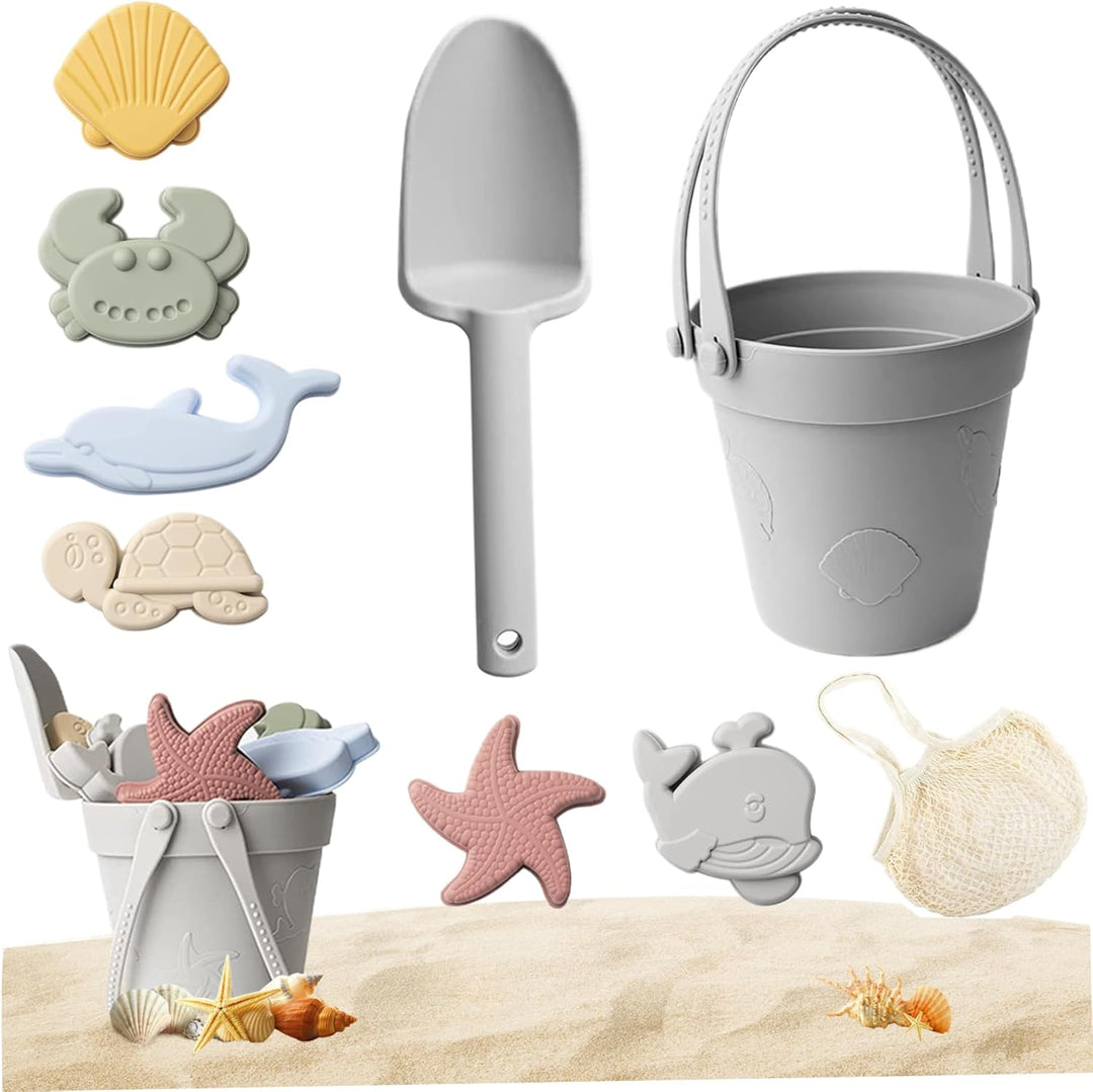 Sandspielzeug für Kinder, 8 Stück, sicheres Silikon-Strandspielzeug mit Schaufel, Eimer und Sandform