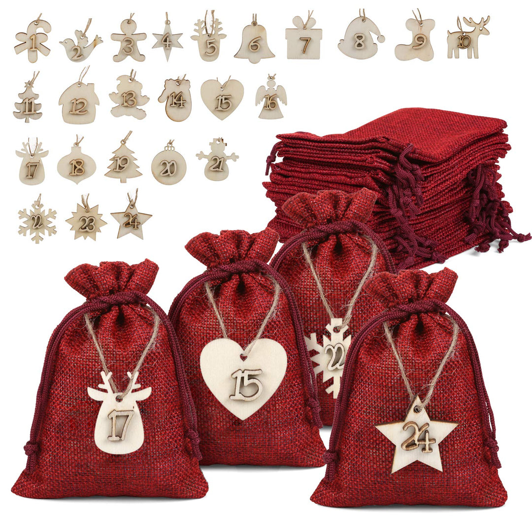 Naler 24 x Jutesäckchen Adventskalender Stoffbeutel mit Zahlen Holzanhänger Jute Beutel Säckchen für