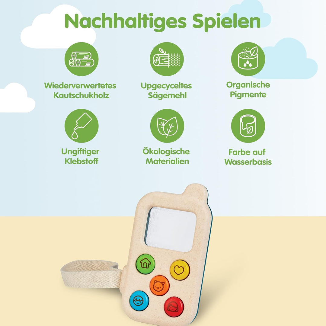 PlanToys Mein erstes Handy - Kinder Handy aus Holz - Kindertelefon mit Lupenbildschirm - mit Handsch