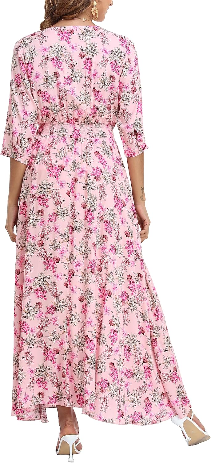 VOGMATE Damen Lange Split Knopf Up Sommer Maxikleid Floral Strandwear Holidy Kleid Hohe Taille mit k