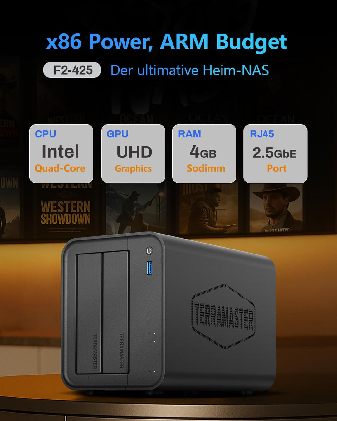 TERRAMASTER F2-425 2-Bay NAS-Speicher – Intel x86 Quad-Core-CPU, 4 GB RAM, 2,5 GbE LAN, Netzwerkgebu