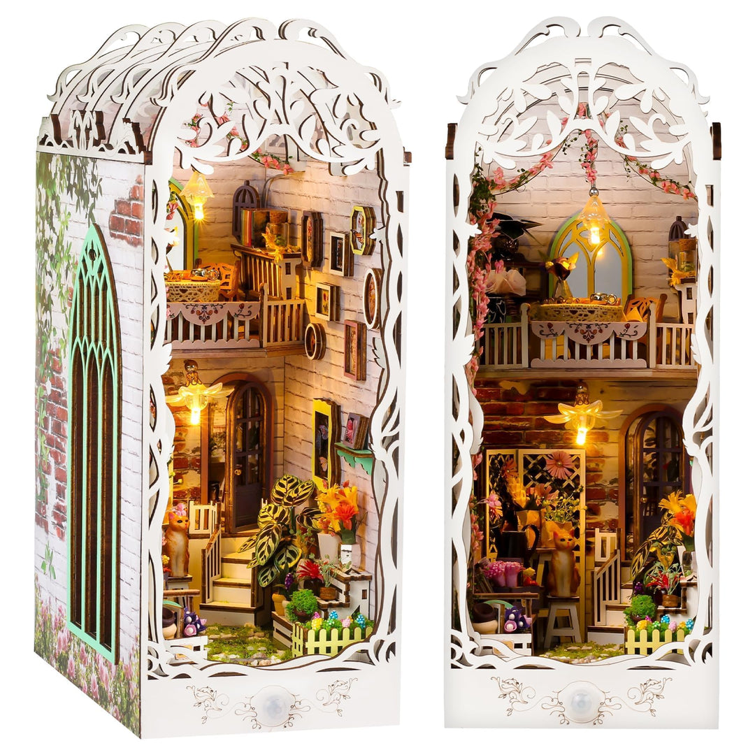 Book Nook Kit Buchstützen, DIY Puppenhäuser Miniatur Haus Kit mit Staubschutzhülle LED-Licht Gartenh