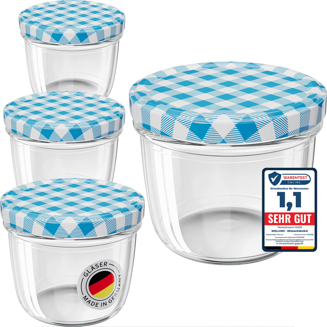 WELLGRO 50x Einmachgläser mit Schraubdeckel - 230 ml, 8,5 x 6,5 cm (ØxH), Glas/Metall, blau karierte