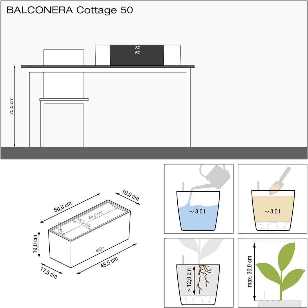 LECHUZA BALCONERA Cottage 50 granit 15602 Pflanzgefäss mit Erd-Bewässerungs-System 50x19x19 cm Grani