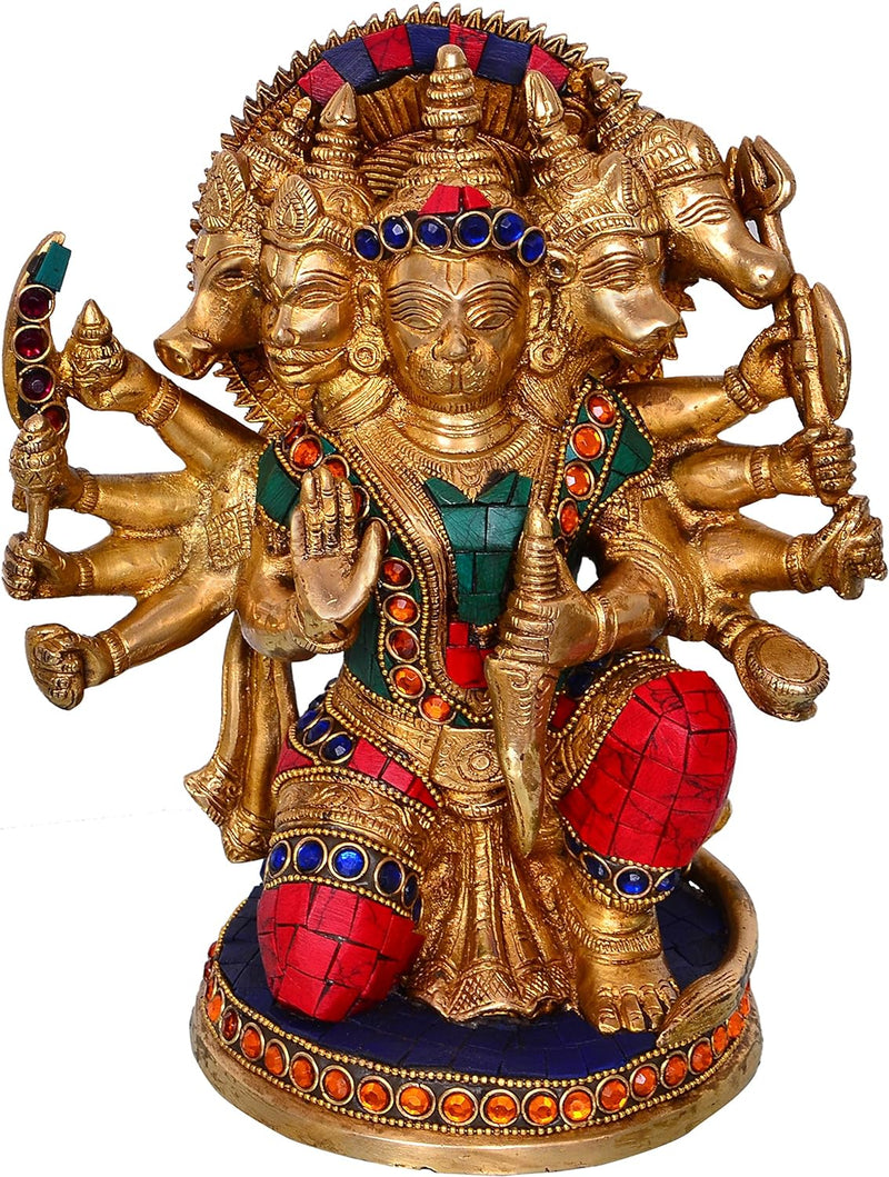 Purpledip Brass Idol Lord Hanuman in Panchmukhi 5-Face Avatar mit Edelsteinen: Sammler Hindu Religiö