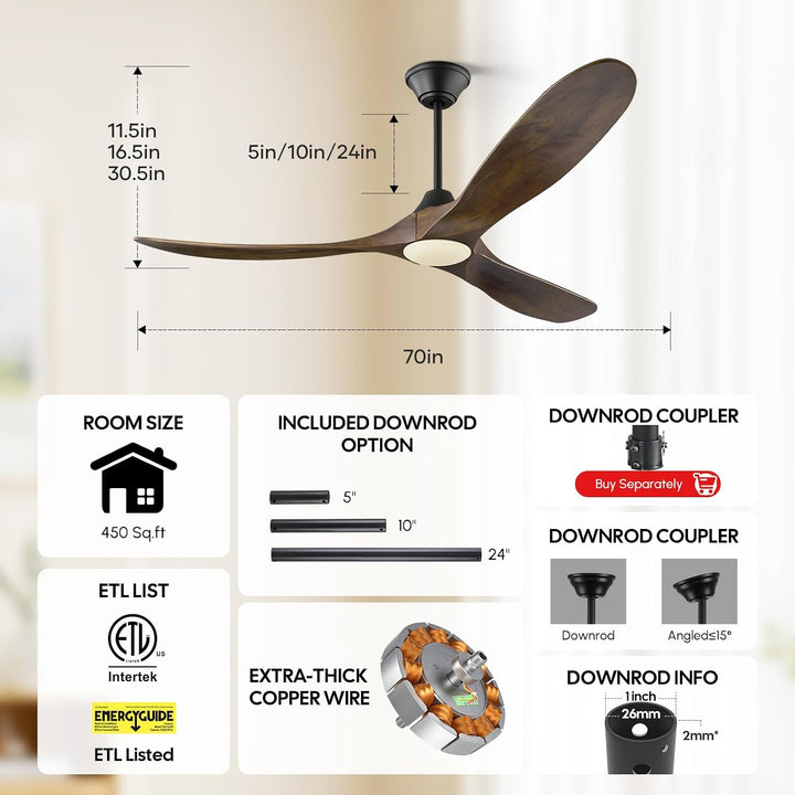 178 cm Deckenventilator mit Licht und Fernbedienung, Modernes Landhausstil, 3 Solide Holzblätter, Ho