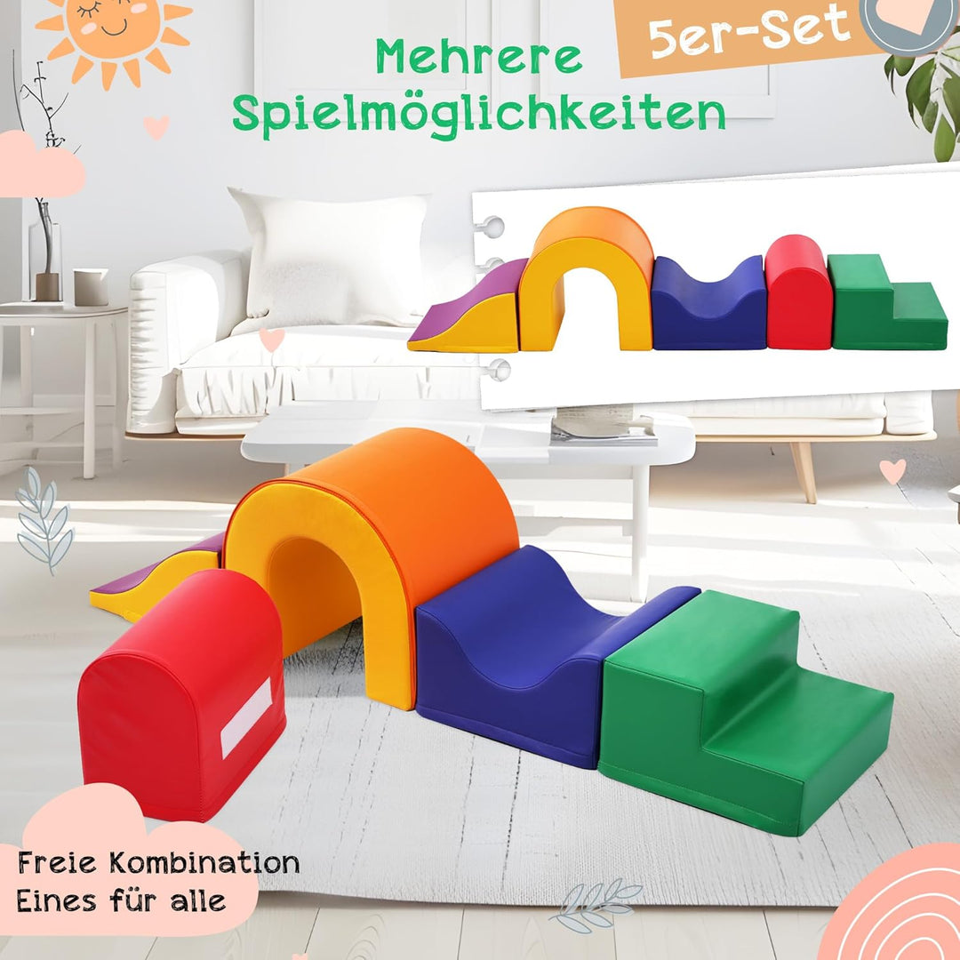 Schaumstoffbausteine 5-in-1 mit Klettverbindung – Klettergerüst & Krabbelparcours, wasserfeste Softb