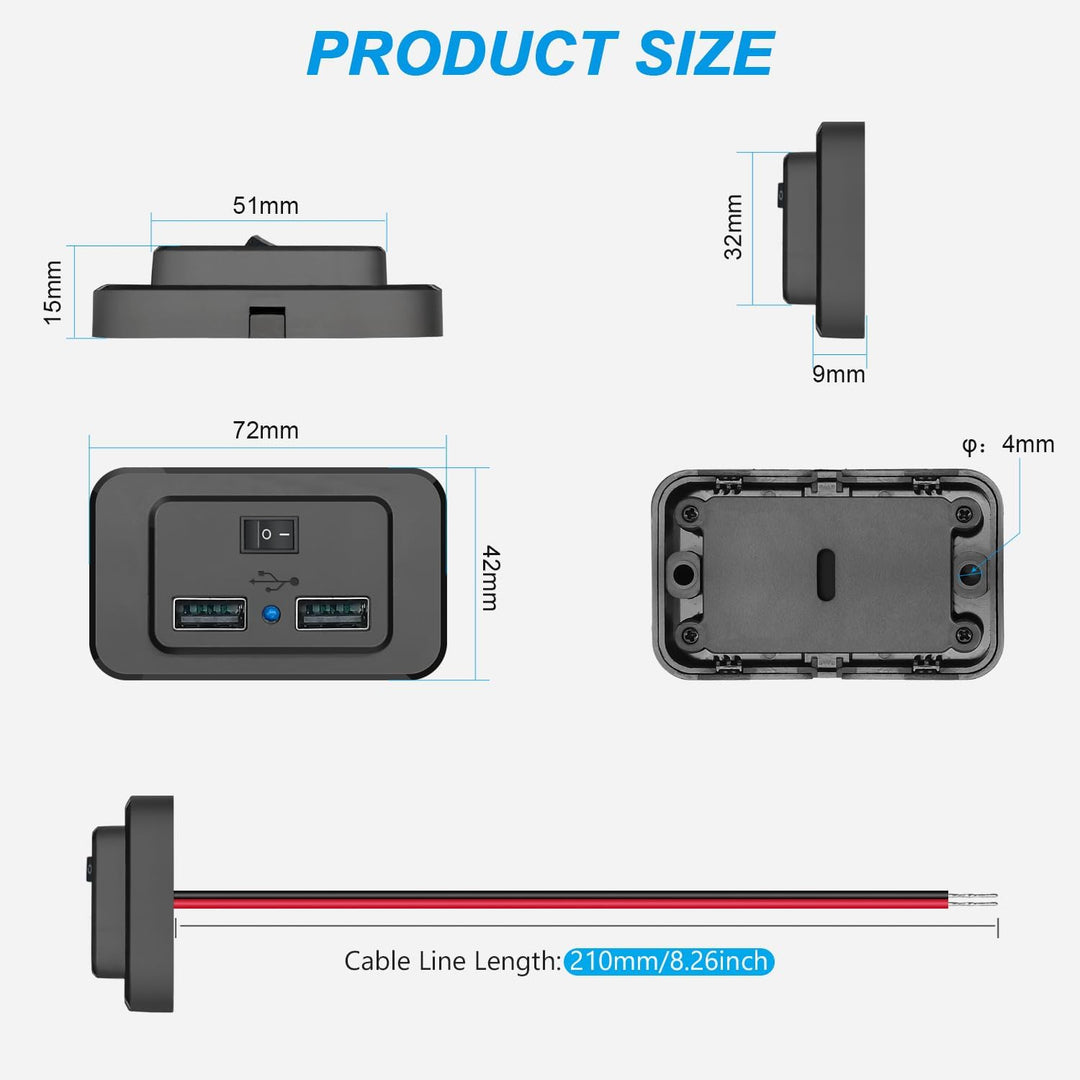 2 Stück Kfz-Ladegerätestecker, Dual USB, 4,8 A, mit Schalter, 12 V/24 V, USB-Bedienfeld, Schnelllade