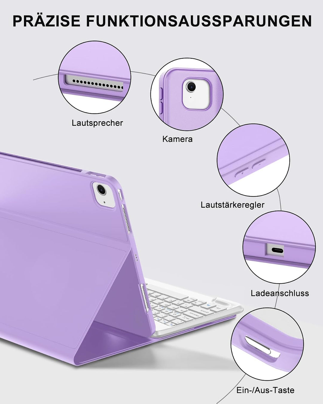 Hülle mit Tastatur für iPad Air 13" (2026 M4/2025 M3/2024 M2) & Pro 12.9" (2018-2022), Deutsches QWE