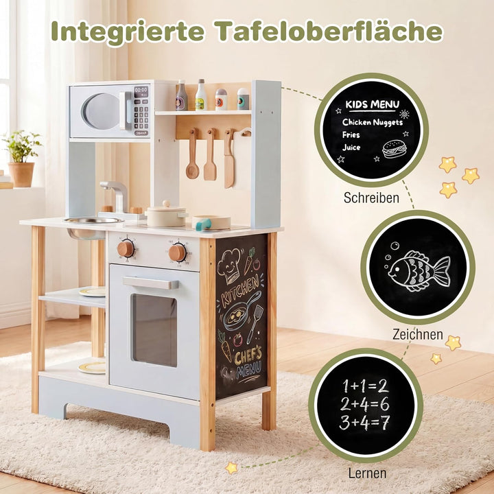 DREAMADE Kinderküche Holz, Spielküche mit 13 Zubehör | kinder küche mit Tafel, Mikrowelle, Ofen, Spü